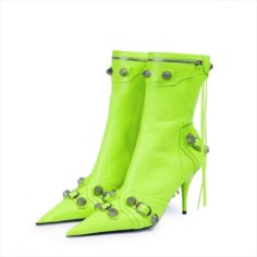 Pointed Toe Stiletto Heels Vintage Gothic Metal Buckle Zipper Ankle High Boots - Green