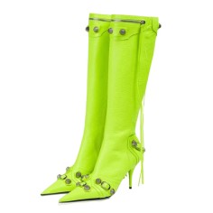 Pointed Toe Stiletto Heels Vintage Gothic Metal Buckle Zipper Knee High Boots - Green