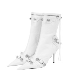 Pointed Toe Stiletto Heels Vintage Gothic Metal Buckle Zipper Ankle High Boots - White