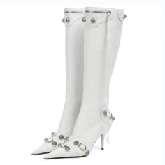 Pointed Toe Stiletto Heels Vintage Gothic Metal Buckle Zipper Knee High Boots - White