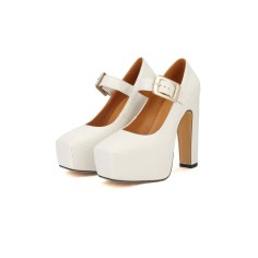 Square Toe Chunky Heels Platforms Matte Mary Janes Pumps - Off White