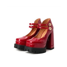 Square Toe Chunky Heels Platforms Mary Janes Pumps - Red