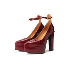 Pointed Toe Chunky Block Heels Platforms Ankle Buckle Straps Pumps - Burgundy