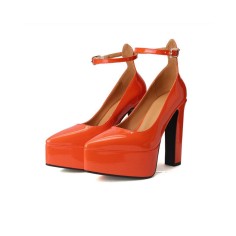Pointed Toe Chunky Block Heels Platforms Ankle Buckle Straps Pumps - Orange