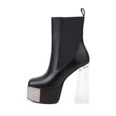 Square Toe Chunky Transparent Heels Gothic Punk Style Platforms Martin Boots - Black