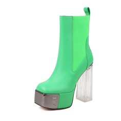Square Toe Chunky Transparent Heels Gothic Punk Style Platforms Martin Boots - Green