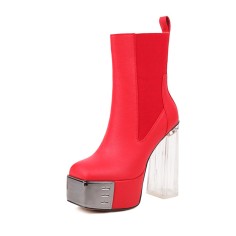 Square Toe Chunky Transparent Heels Gothic Punk Style Platforms Martin Boots - Red