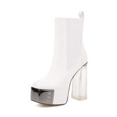 Square Toe Chunky Transparent Heels Gothic Punk Style Platforms Martin Boots - White