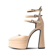 Pointed Toe Chunky Heels Platforms Ankle Buckle Straps Dorsay Pumps - Apricot