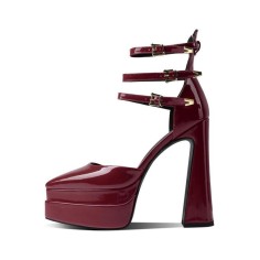 Pointed Toe Chunky Heels Platforms Ankle Buckle Straps Dorsay Pumps - Burgundy