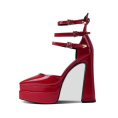 Pointed Toe Chunky Heels Platforms Ankle Buckle Straps Dorsay Pumps - Red