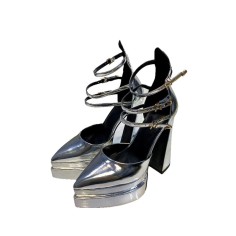 Pointed Toe Chunky Heels Platforms Ankle Buckle Straps Metallic Pumps - Silver