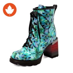Round Toe Chunky Heels Printing Wood Grain Ankle Highs Autumn Boots - Blue Patent