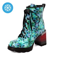 Round Toe Chunky Heels Printing Wood Grain Ankle Highs Autumn Boots - Blue Patent