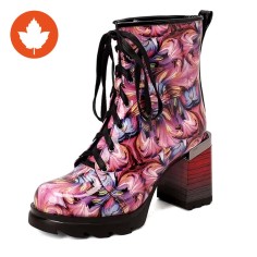 Round Toe Chunky Heels Printing Wood Grain Ankle Highs Autumn Boots - Pink Patent