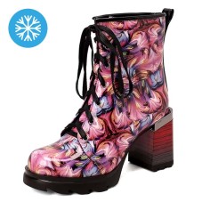 Round Toe Chunky Heels Printing Wood Grain Ankle Highs Winter Boots - Pink Patent