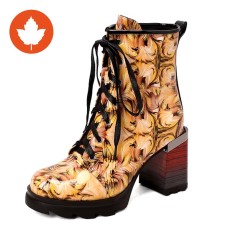 Round Toe Chunky Heels Printing Wood Grain Ankle Highs Autumn Boots - Yellow Patent