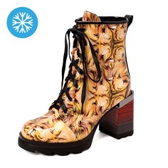 Round Toe Chunky Heels Printing Wood Grain Ankle Highs Autumn Boots - Yellow Patent