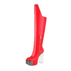 Square Toe Platforms Over The Knee Chunky Transparent Heels Boots - Red