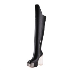 Square Toe Platforms Over The Knee Chunky Transparent Heels Boots - Black