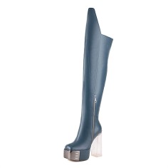 Square Toe Platforms Over The Knee Chunky Transparent Heels Boots - Blue