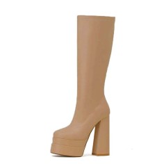 Square Toe Chunky Heels Double Platforms Knee Highs Boots - Apricot Tan Faux Leather