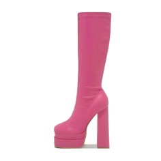 Square Toe Chunky Heels Double Platforms Knee Highs Boots - Rose Faux Leather