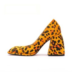 Square Toe Chunky Heels Leopard Pattern Shoes - Orange