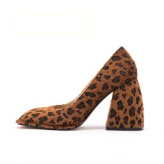 Square Toe Chunky Heels Leopard Pattern Shoes - Brown