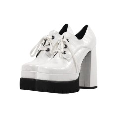 Round Toe Chunky Heels Platforms Lace Up Crocodile Pattern Pumps - White