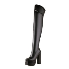 Round Toe Over The Knee Chunky Heels Side Zipper Platforms Super Sexy Boots - Black