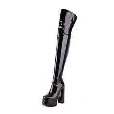 Round Toe Over The Knee Chunky Heels Side Zipper Platforms Super Sexy Patent Boots - Black