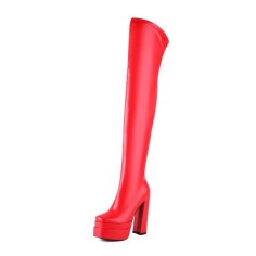 Round Toe Over The Knee Chunky Heels Side Zipper Platforms Super Sexy Boots - Red