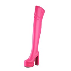 Round Toe Over The Knee Chunky Heels Side Zipper Platforms Super Sexy Boots - Rose Red