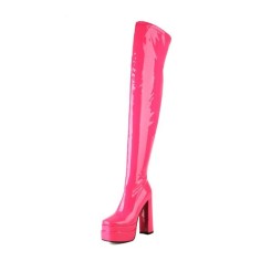 Round Toe Over The Knee Chunky Heels Side Zipper Platforms Super Sexy Patent Boots - Rose Red