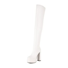 Round Toe Over The Knee Chunky Heels Side Zipper Platforms Super Sexy Boots - White