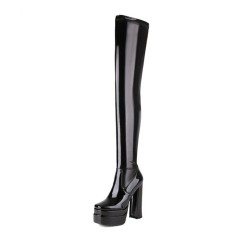 Round Toe Over The Knee Chunky Heels Pull On Platforms Super Sexy Boots - Black