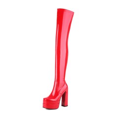 Round Toe Over The Knee Chunky Heels Pull On Platforms Super Sexy Boots - Red