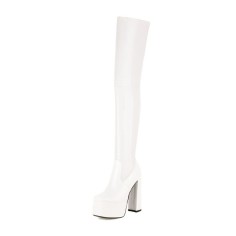 Round Toe Over The Knee Chunky Heels Pull On Platforms Super Sexy Boots - White