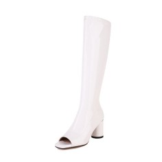 Peep Toe Knee Highs Chunky Heels Summer Party Zipper Boots - White