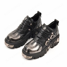 Metal Toe Platforms Gothic Punk Style Flats Buckle Straps Flame Black Loafers