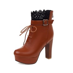 Round Toe Block Heels Ankle Buckle Straps LaceUp Booties with Back Zipper - Auburn