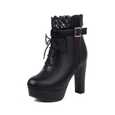 Round Toe Block Heels Ankle Buckle Straps LaceUp Booties with Back Zipper - Black