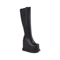 Round Toe Wedges Platforms Knee Highs Chelsea Boots with Side Zipper - Black