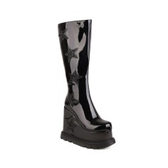 Round Toe Wedges Platforms Knee Highs Rising Stars Boots with Side Zipper - Black