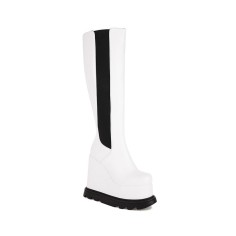 Round Toe Wedges Platforms Knee Highs Chelsea Boots with Side Zipper - White