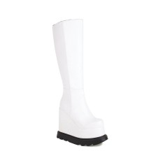 Round Toe Wedges Platforms Knee Highs Boots with Side Zipper - White