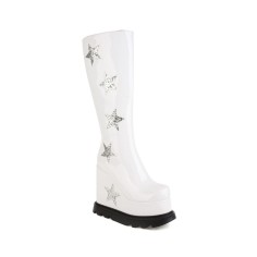 Round Toe Wedges Platforms Knee Highs Rising Stars Boots with Side Zipper - White