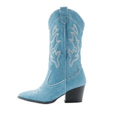 Pointed Toe Cross Denim Thick Heels Western Ankle Highs Cowboy Boots - Blue