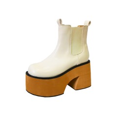 Round Toe Chunky Heels Platforms Ankle Highs Chelsea Boots - Beige